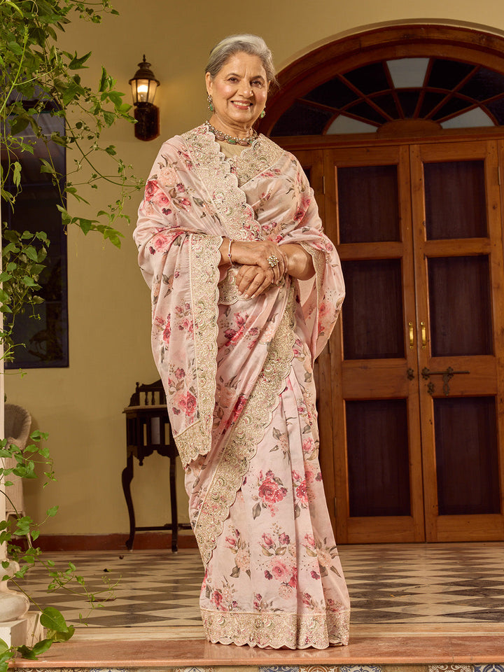 Sequin Embroidery &amp; Printed Organza Saree