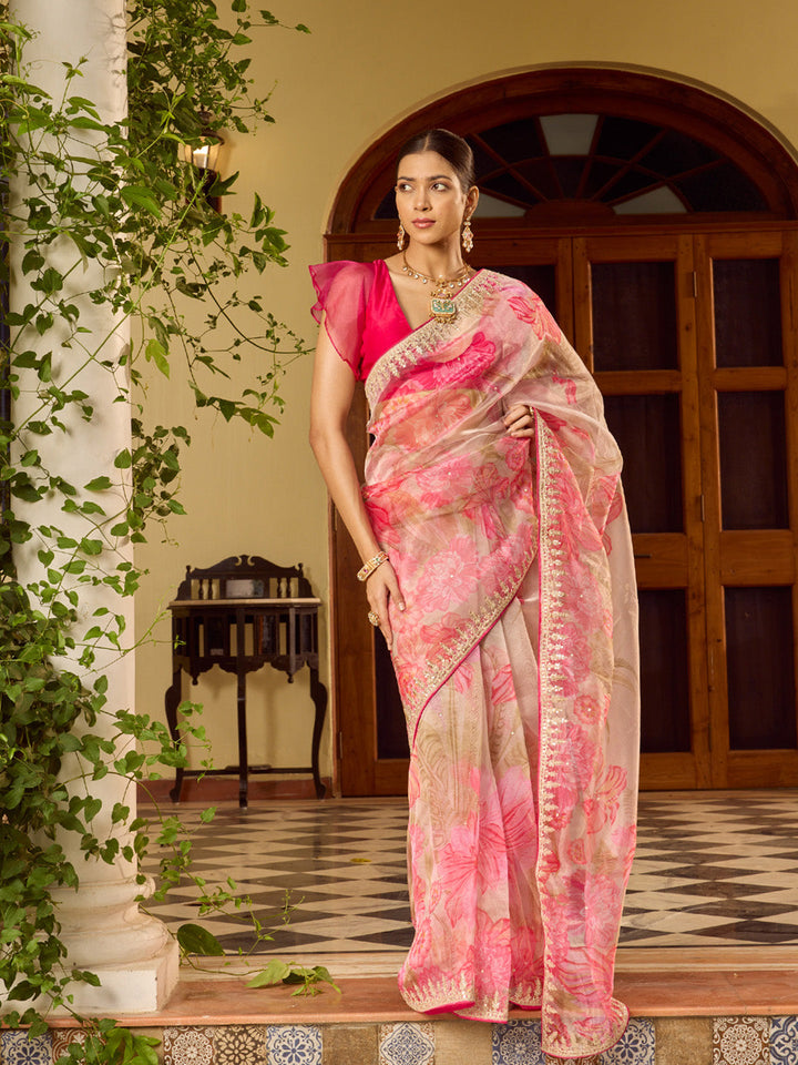 Sequin Embroidery &amp; Printed Organza Saree