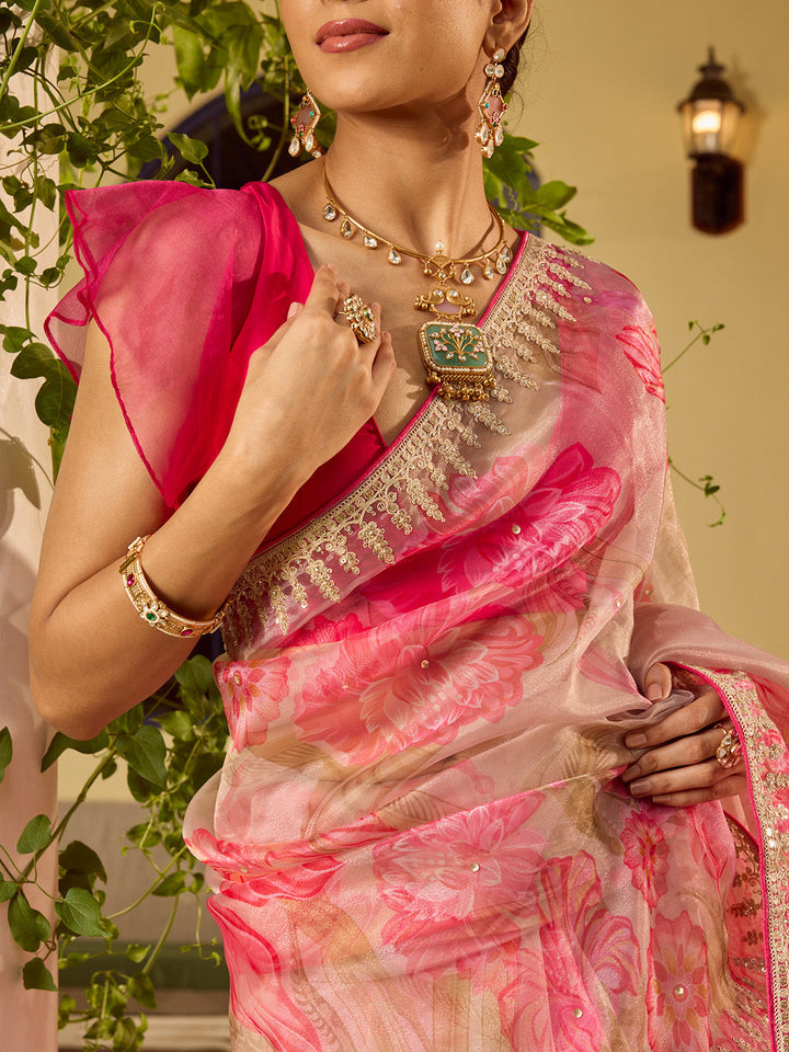 Sequin Embroidery &amp; Printed Organza Saree