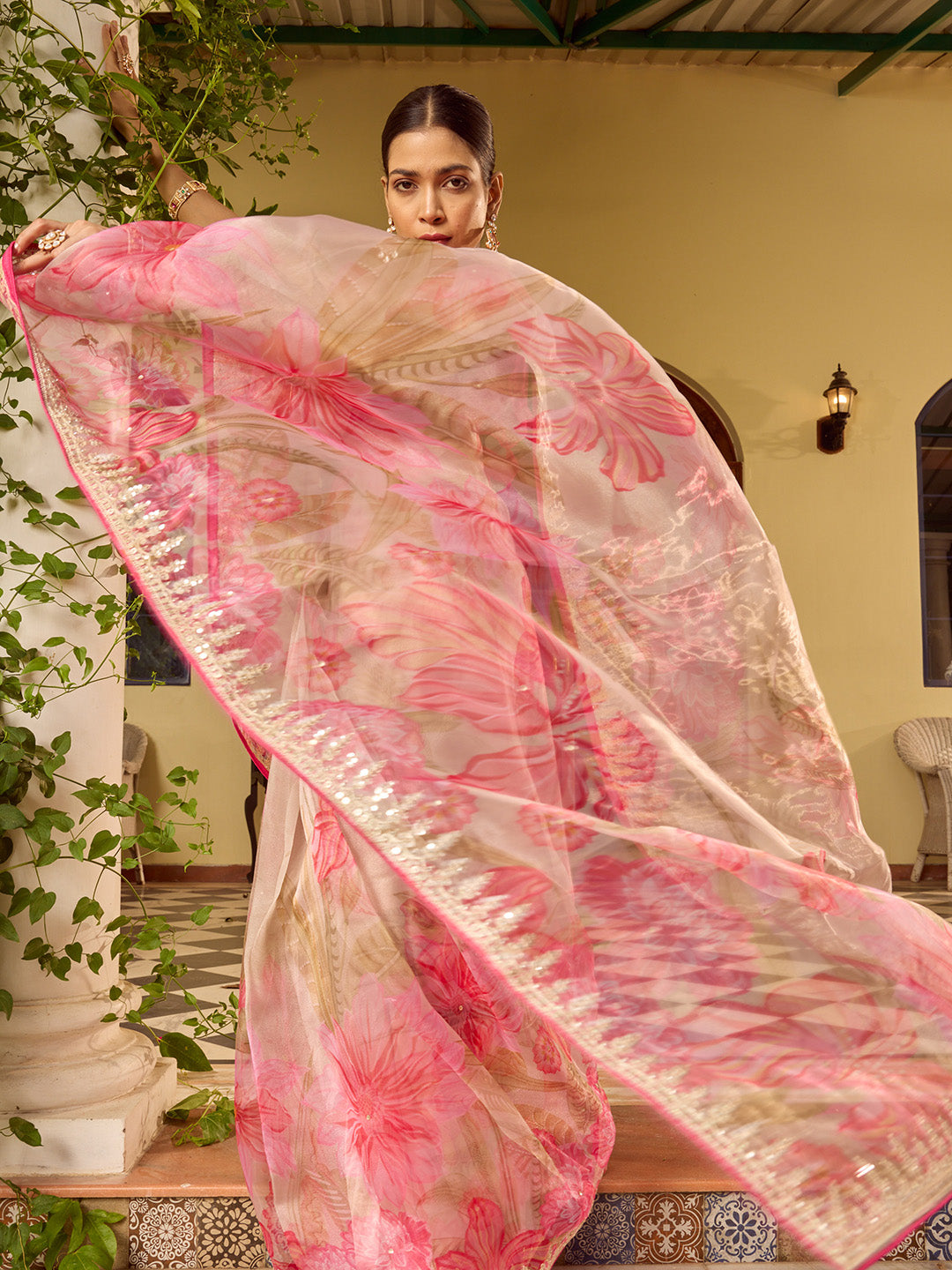 Sequin Embroidery &amp; Printed Organza Saree