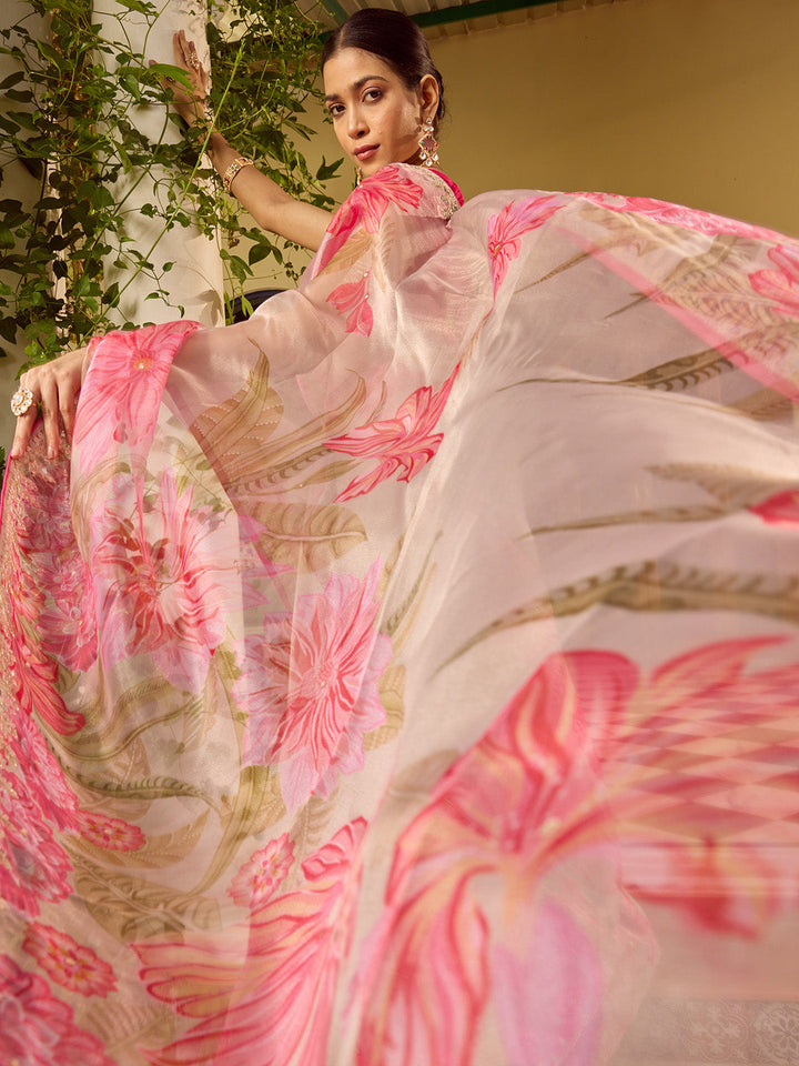 Sequin Embroidery &amp; Printed Organza Saree
