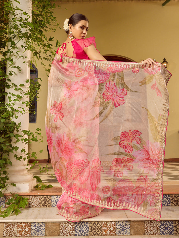 Sequin Embroidery &amp; Printed Organza Saree
