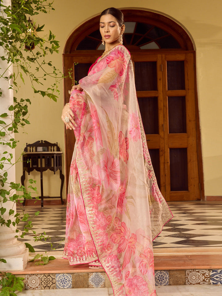 Sequin Embroidery &amp; Printed Organza Saree