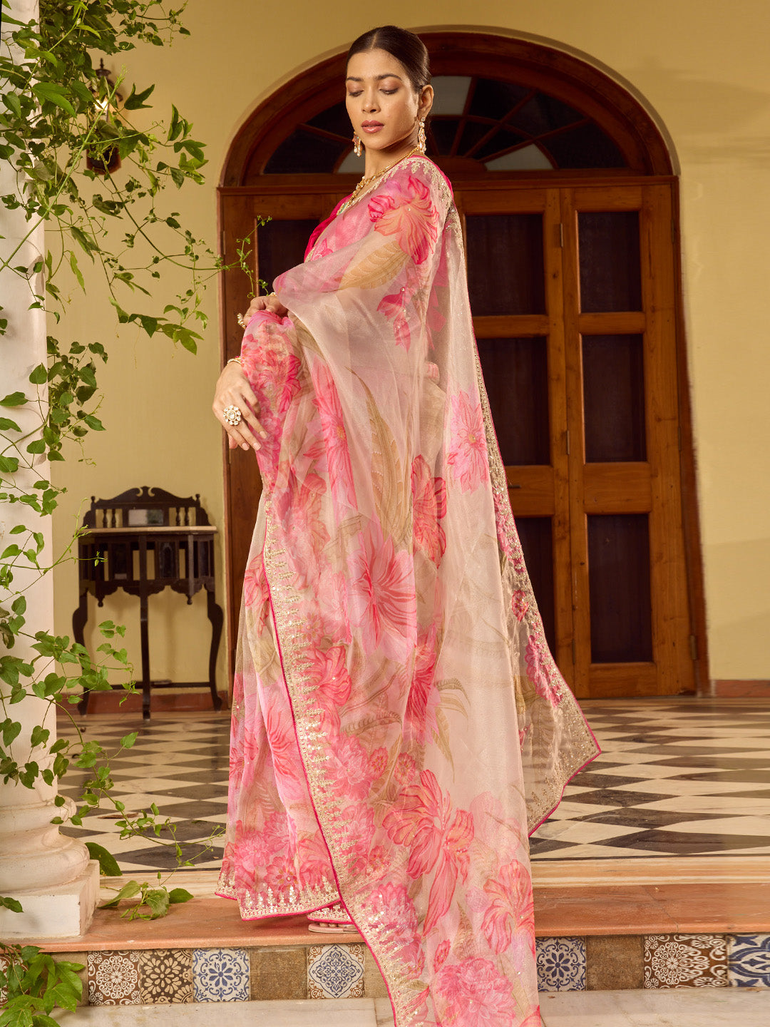 Sequin Embroidery &amp; Printed Organza Saree