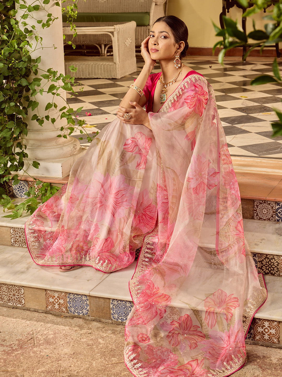 Sequin Embroidery &amp; Printed Organza Saree