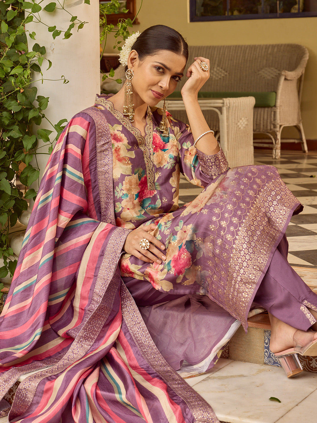 Banarasi Embroidery Kurta With Pants &amp; Dupatta