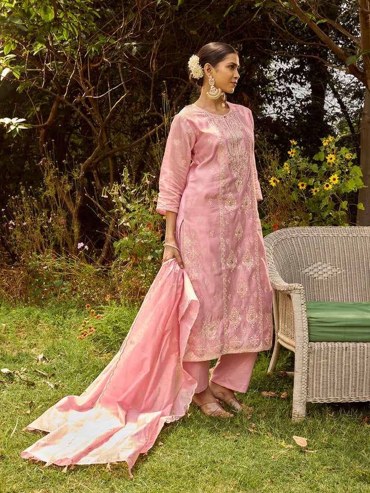 Resham Embroidered Chanderi Suit Set With Dupatta