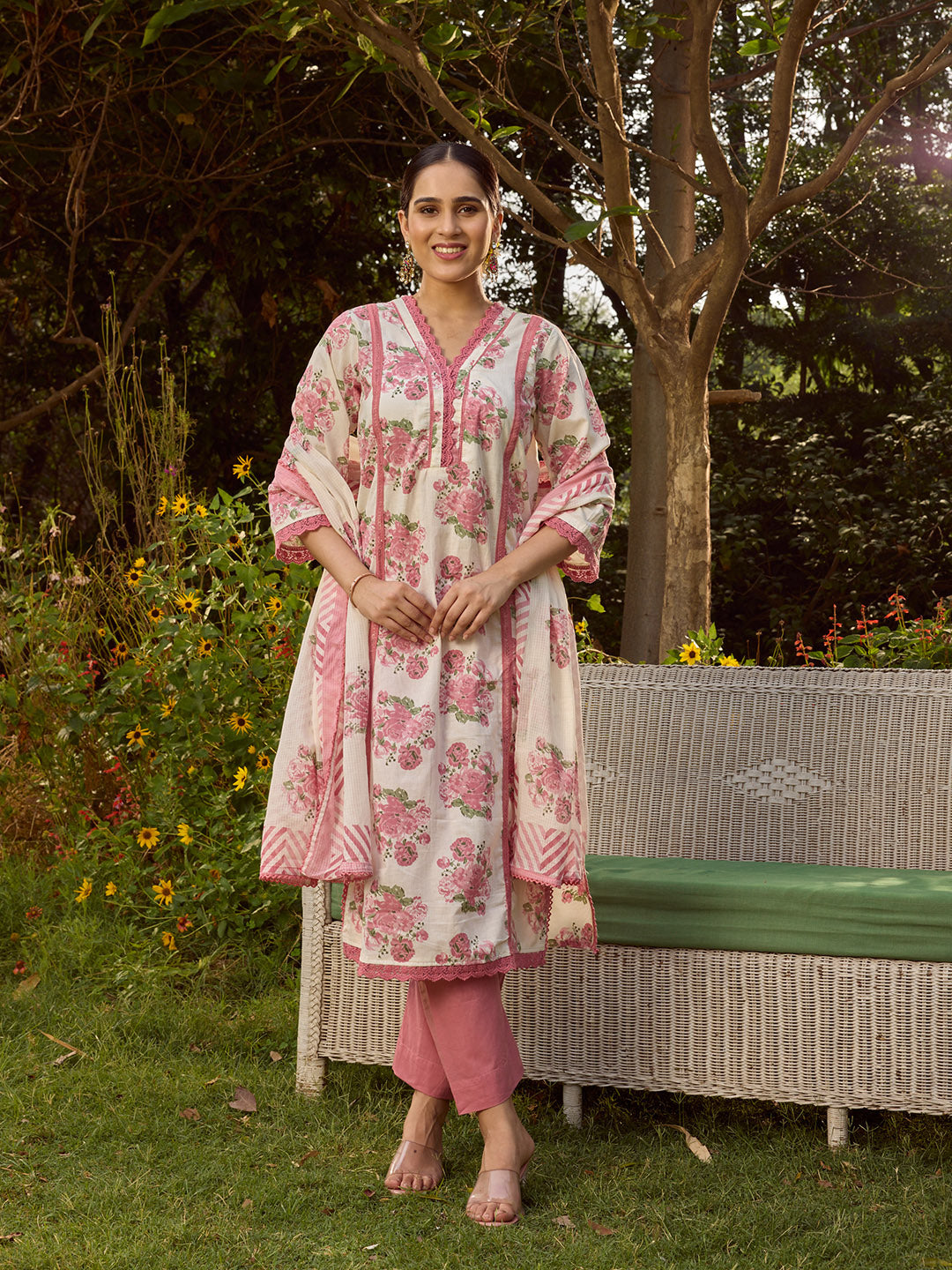 Printed Cotton Blend Kurta With Pants &amp; Dupatta