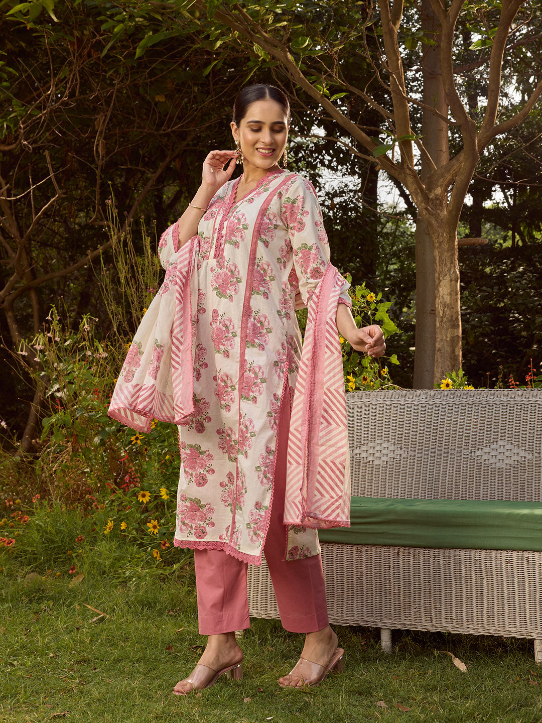 Printed Cotton Blend Kurta With Pants &amp; Dupatta