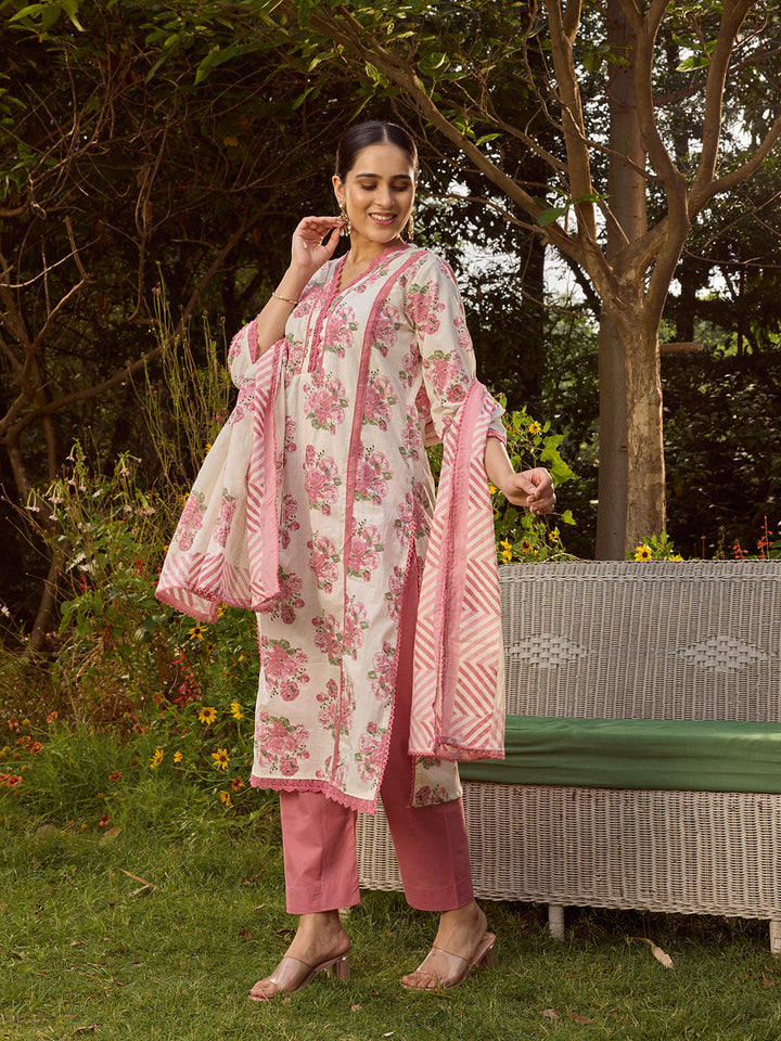 Printed Cotton Blend Kurta With Pants &amp; Dupatta