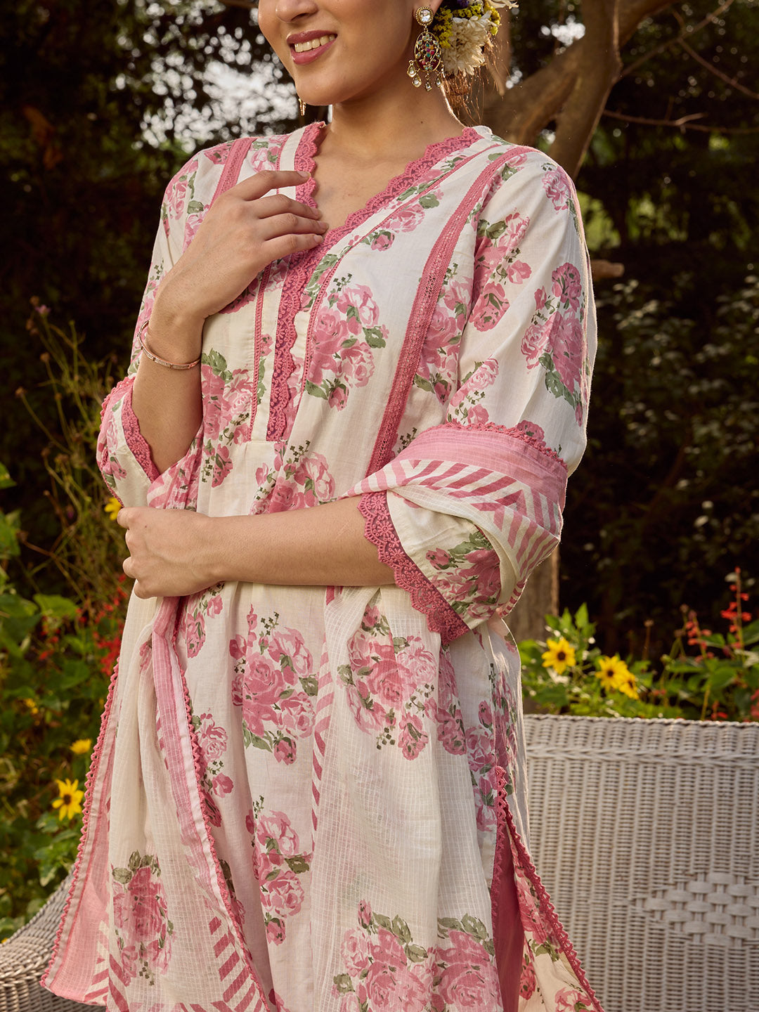 Printed Cotton Blend Kurta With Pants &amp; Dupatta