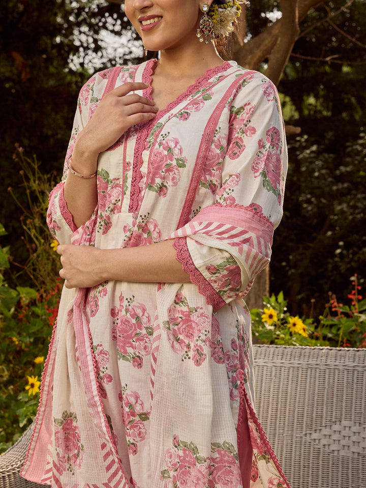 Printed Cotton Blend Kurta With Pants &amp; Dupatta