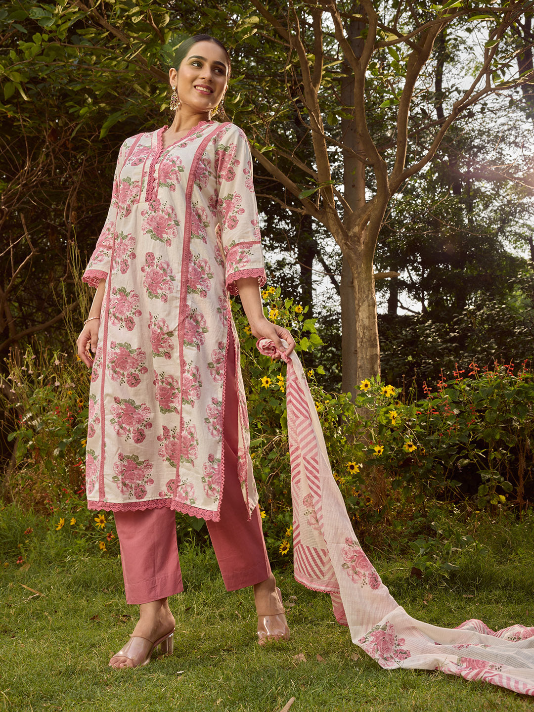 Printed Cotton Blend Kurta With Pants &amp; Dupatta