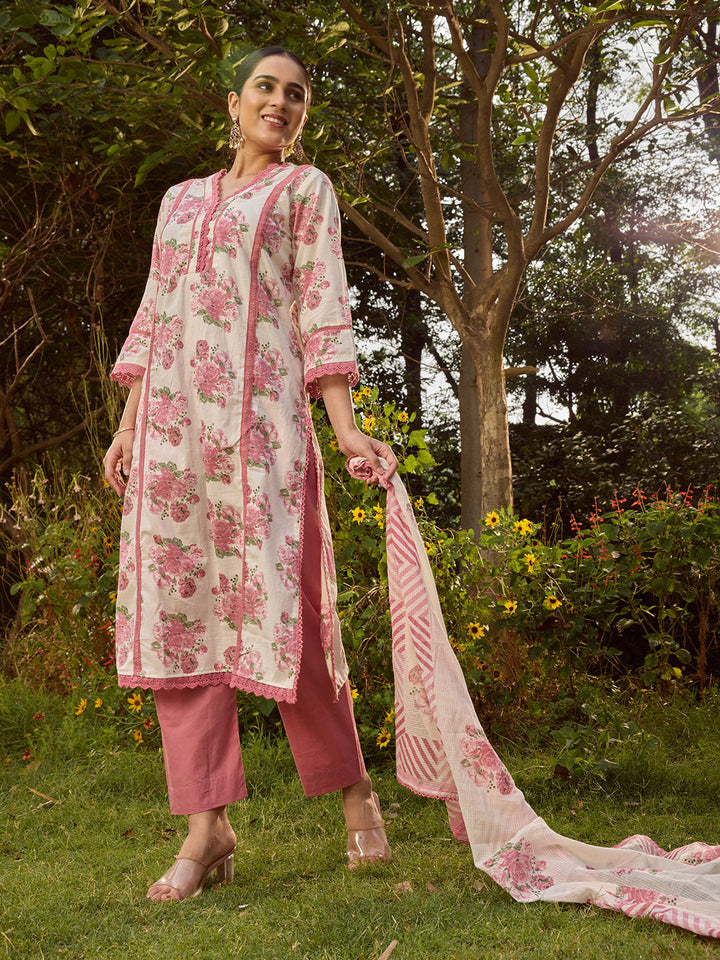 Printed Cotton Blend Kurta With Pants &amp; Dupatta
