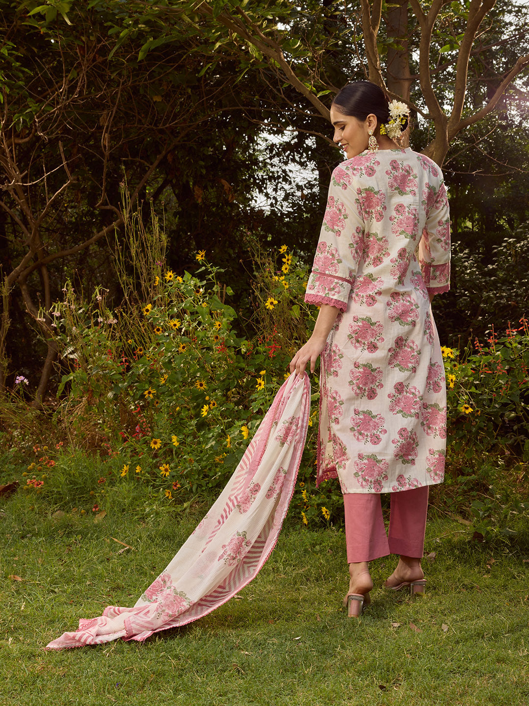 Printed Cotton Blend Kurta With Pants &amp; Dupatta