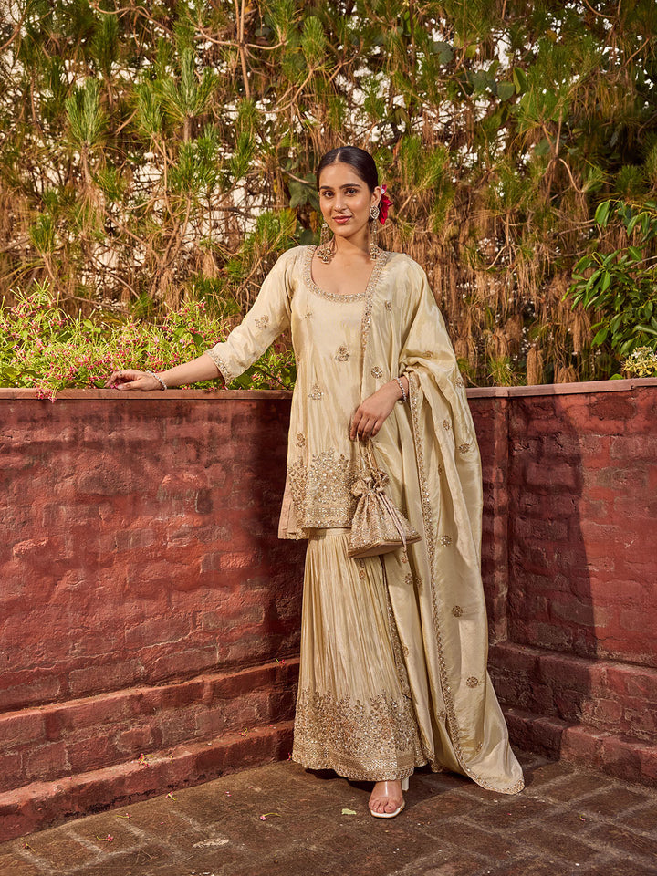 Bead Work Tissue Kurti With Sharara &amp; Dupatta