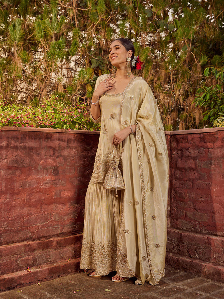 Bead Work Tissue Kurti With Sharara &amp; Dupatta
