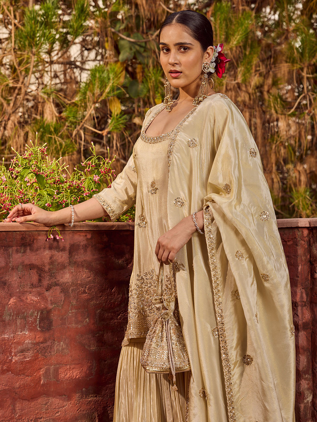 Bead Work Tissue Kurti With Sharara &amp; Dupatta