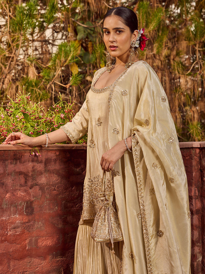 Bead Work Tissue Kurti With Sharara &amp; Dupatta