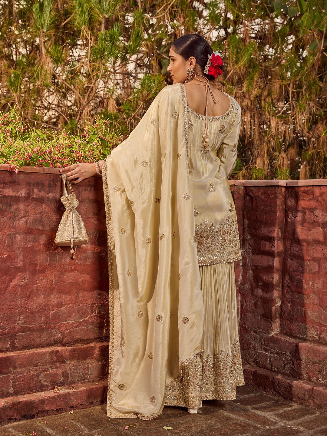 Bead Work Tissue Kurti With Sharara &amp; Dupatta