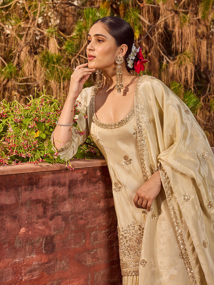 Bead Work Tissue Kurti With Sharara &amp; Dupatta
