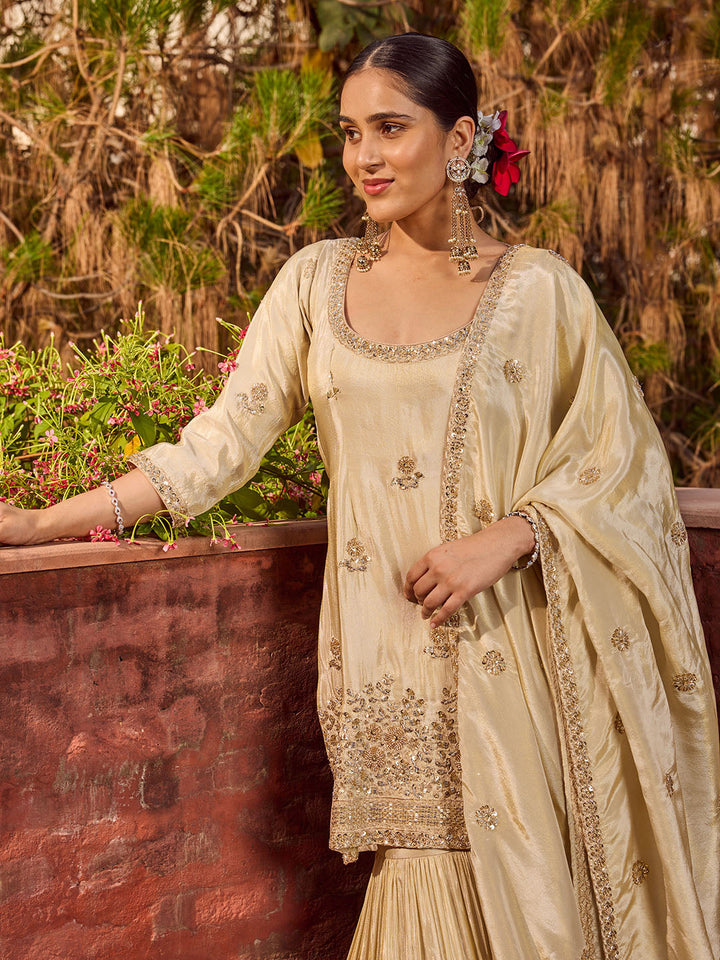 Bead Work Tissue Kurti With Sharara &amp; Dupatta