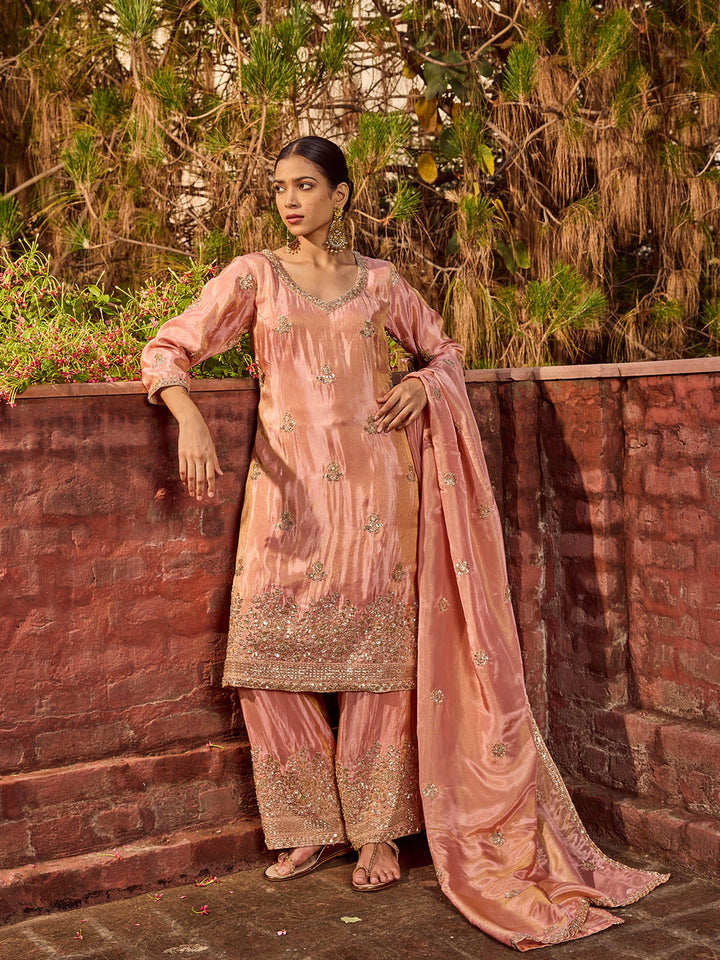 Bead Work Tissue Kurta With Palazzo &amp; Dupatta