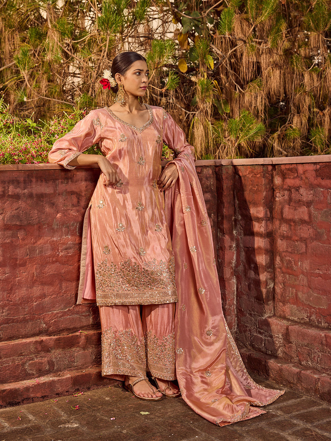 Bead Work Tissue Kurta With Palazzo &amp; Dupatta