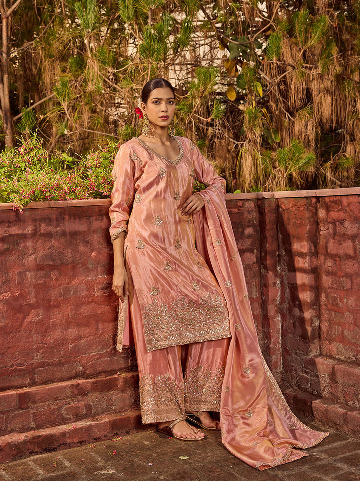 Bead Work Tissue Kurta With Palazzo &amp; Dupatta