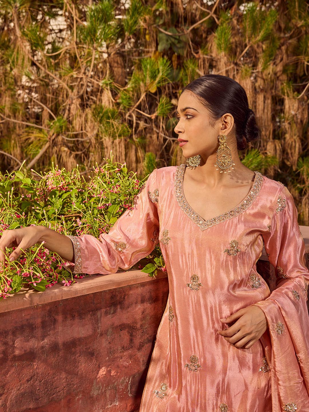 Bead Work Tissue Kurta With Palazzo &amp; Dupatta