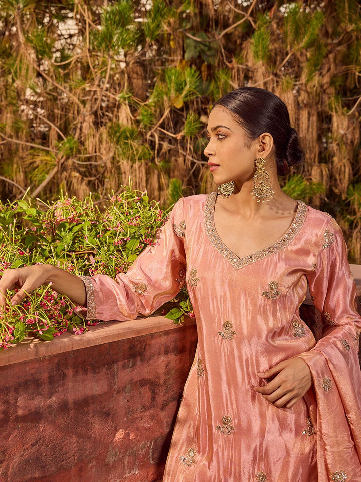 Bead Work Tissue Kurta With Palazzo &amp; Dupatta
