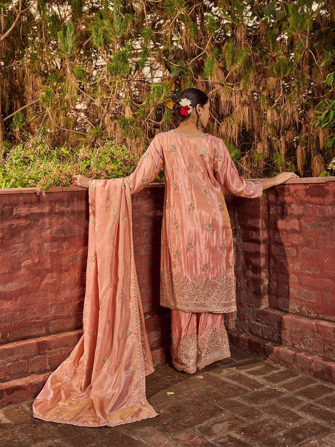 Bead Work Tissue Kurta With Palazzo &amp; Dupatta