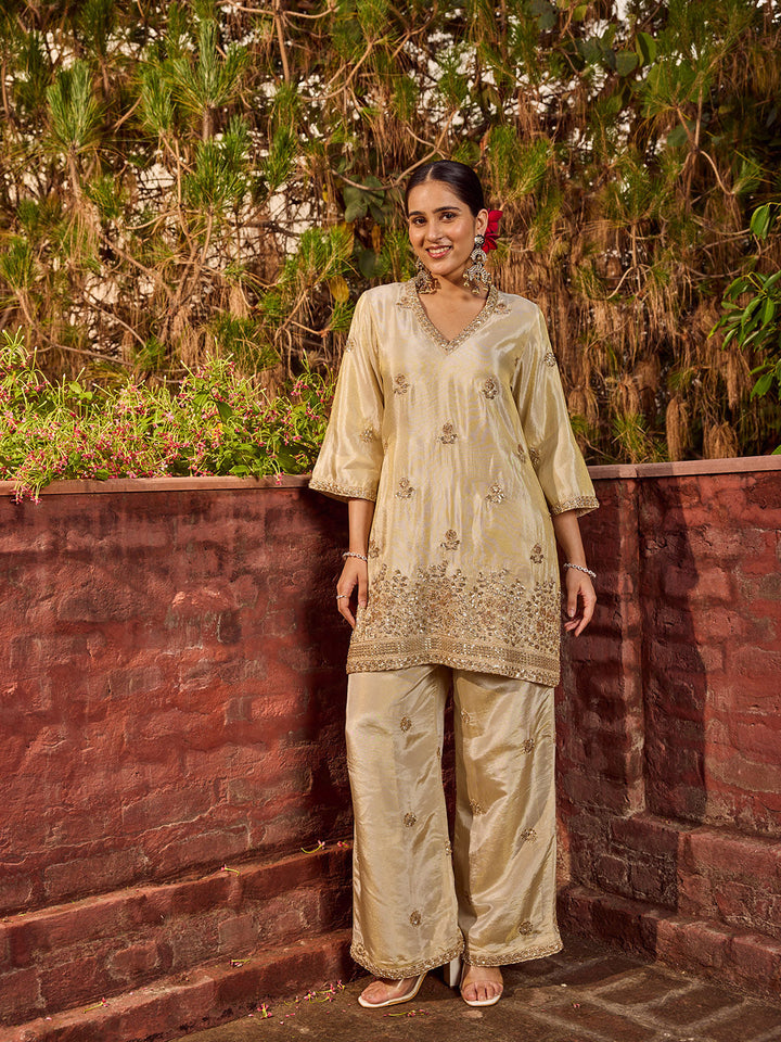 Sequins Embroidered Tissue Kurta With Palazzo