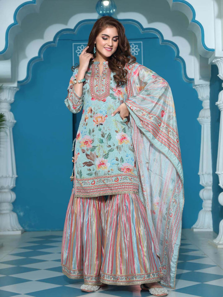 Printed Cotton Kurta With Garara &amp; Dupatta
