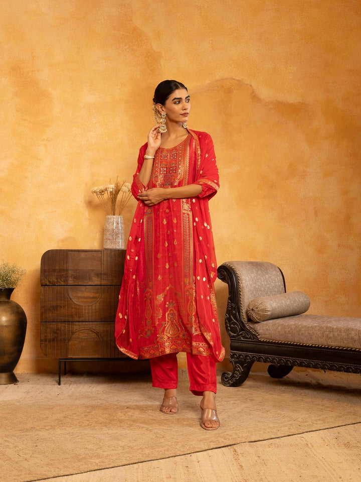 Printed Art Silk Kurta With Pants &amp; Dupatta