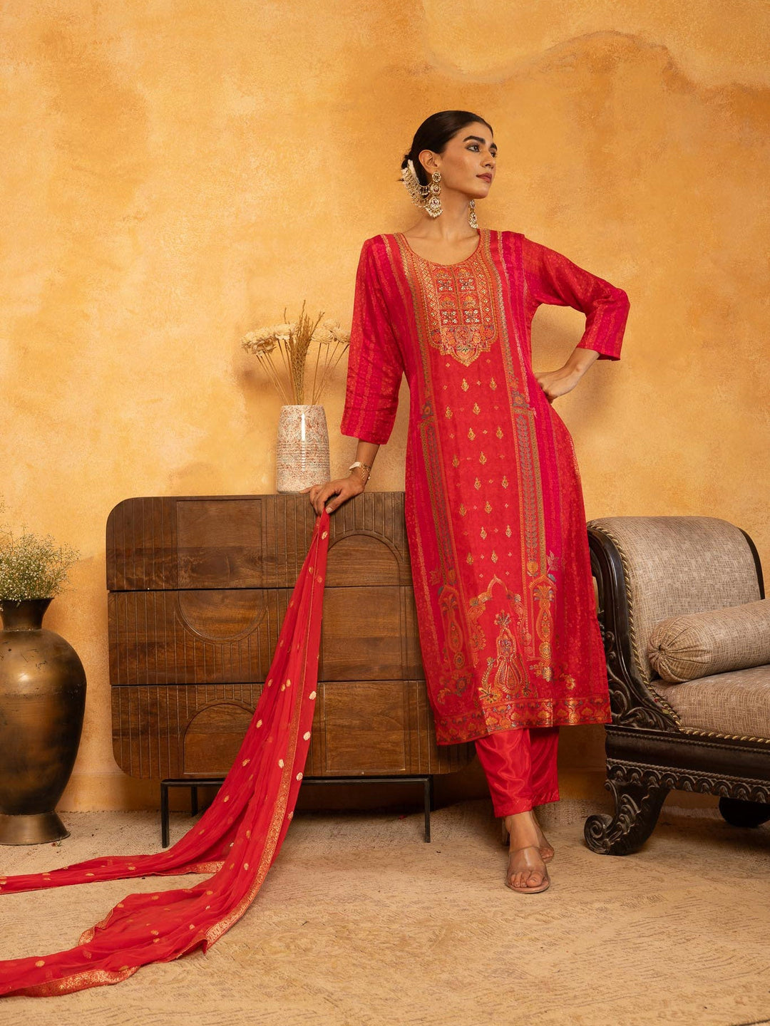 Printed Art Silk Kurta With Pants &amp; Dupatta