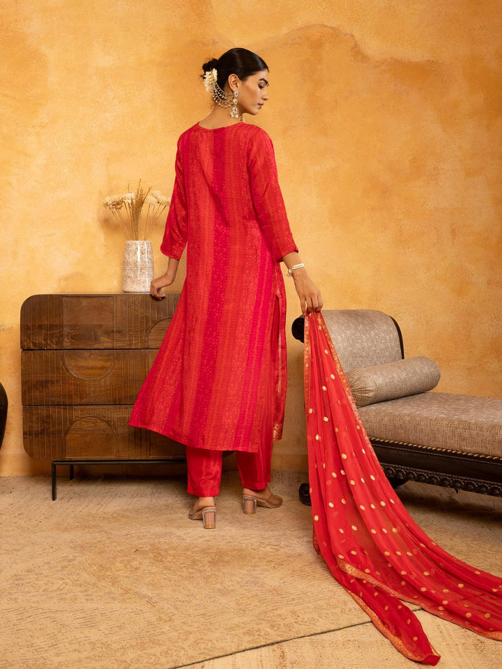 Printed Art Silk Kurta With Pants &amp; Dupatta