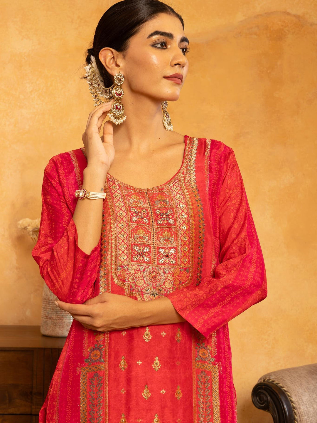 Printed Art Silk Kurta With Pants &amp; Dupatta