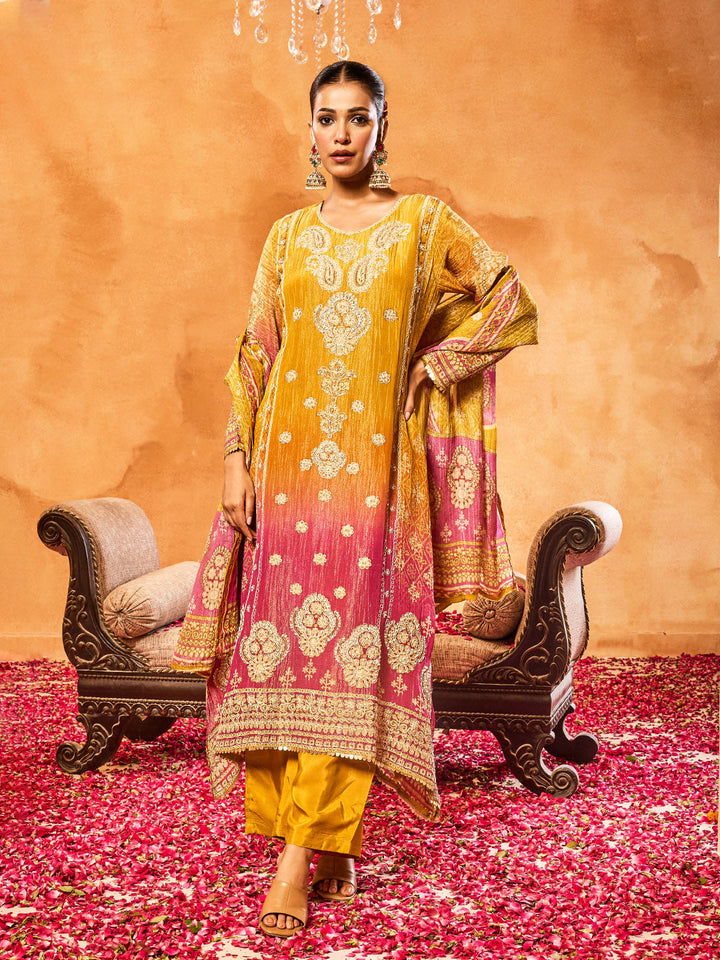 Embroidered Tissue Kurta With Pants &amp; Dupatta