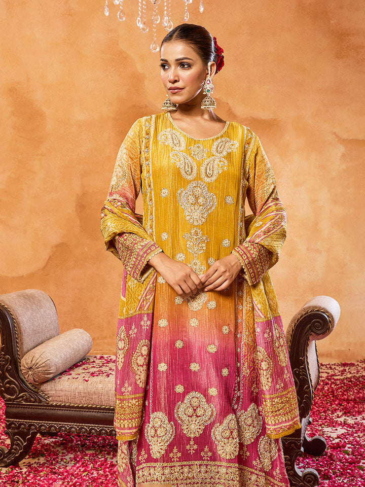 Embroidered Tissue Kurta With Pants &amp; Dupatta