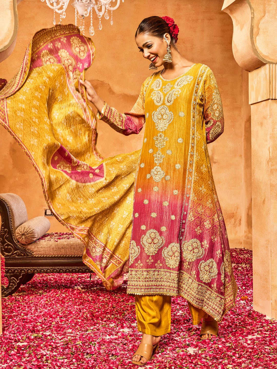 Embroidered Tissue Kurta With Pants &amp; Dupatta