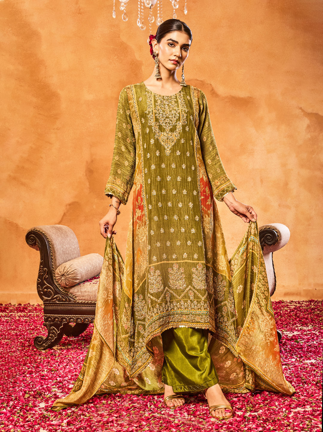 Embroidered Tissue Kurta With Pants &amp; Dupatta