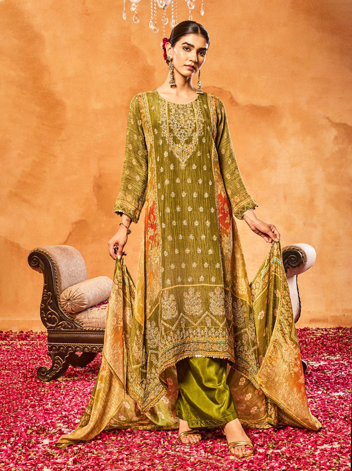 Embroidered Tissue Kurta With Pants &amp; Dupatta