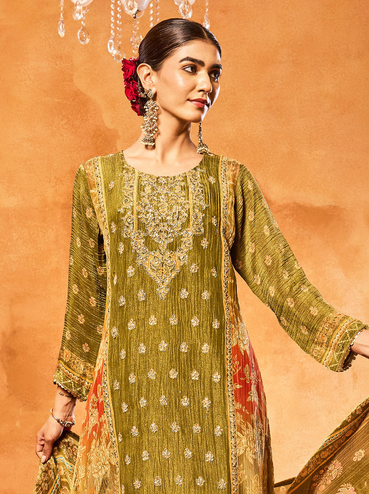 Embroidered Tissue Kurta With Pants &amp; Dupatta