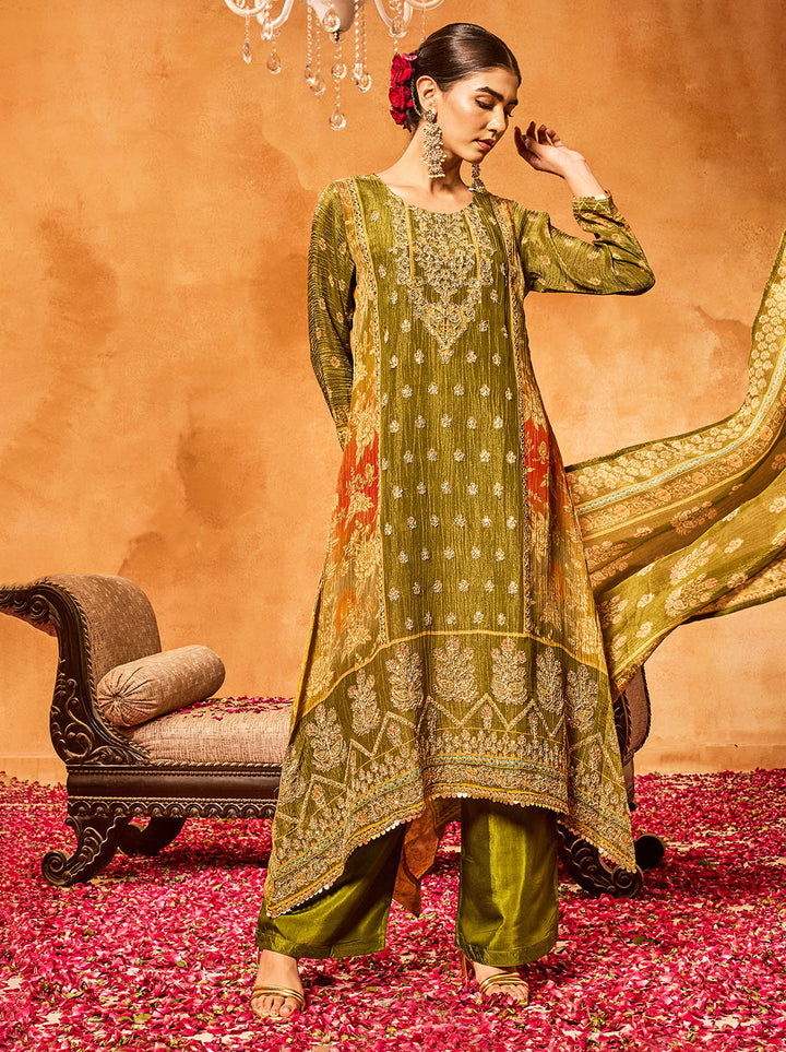 Embroidered Tissue Kurta With Pants &amp; Dupatta