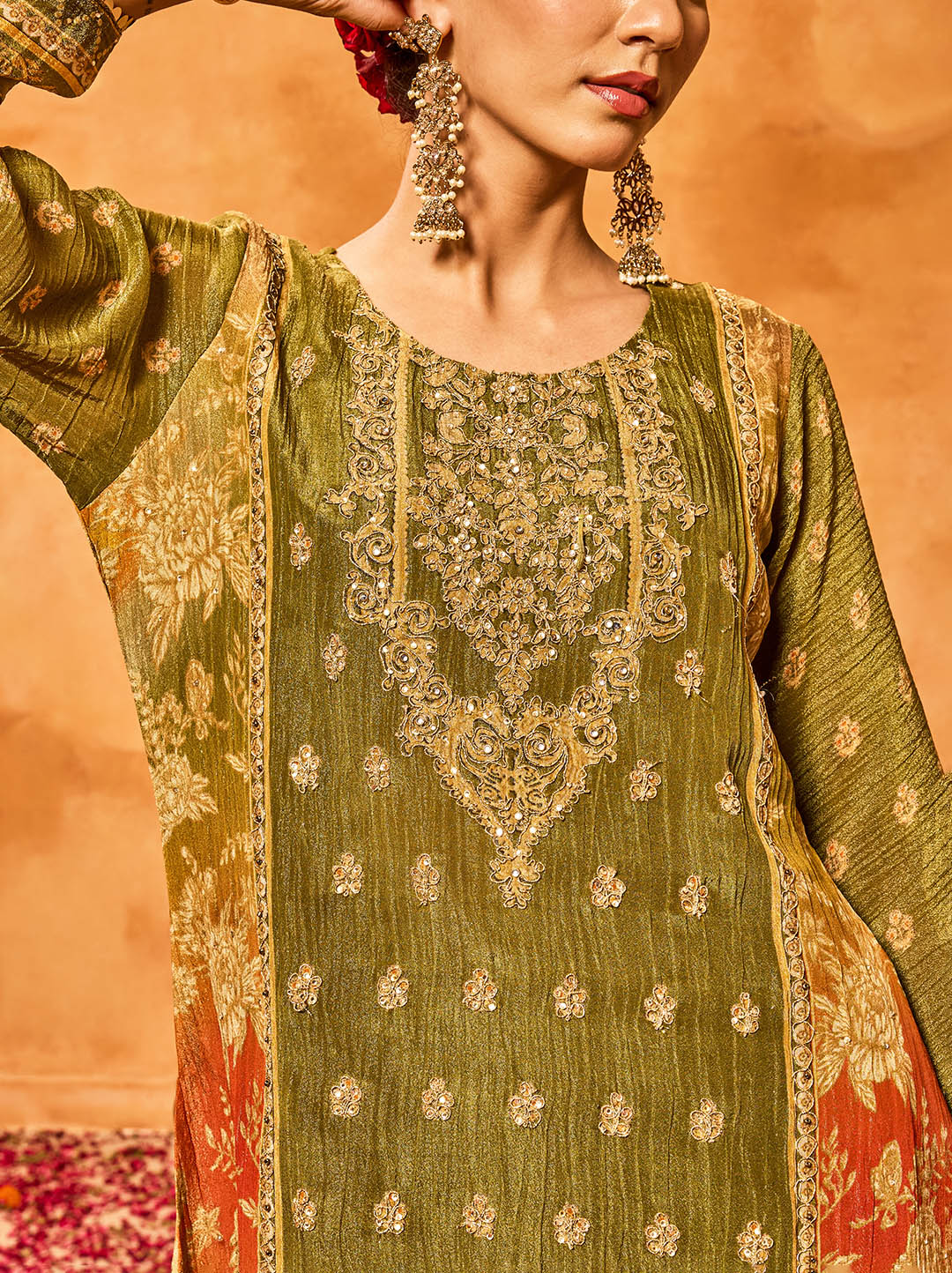 Embroidered Tissue Kurta With Pants &amp; Dupatta
