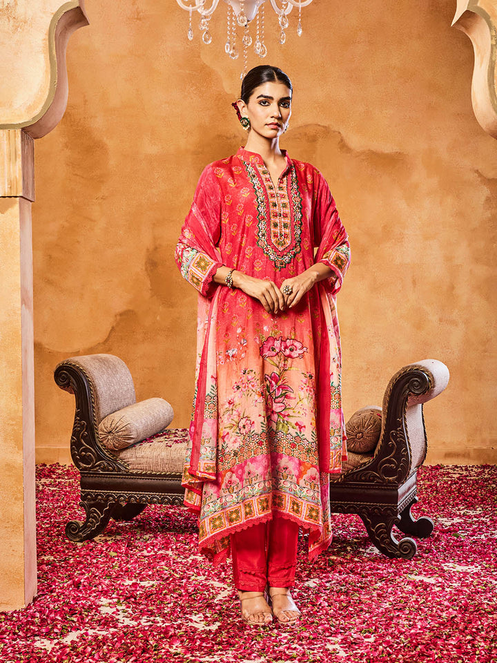 Embroidered Cotton Blend Kurta With Pants &amp; Dupatta