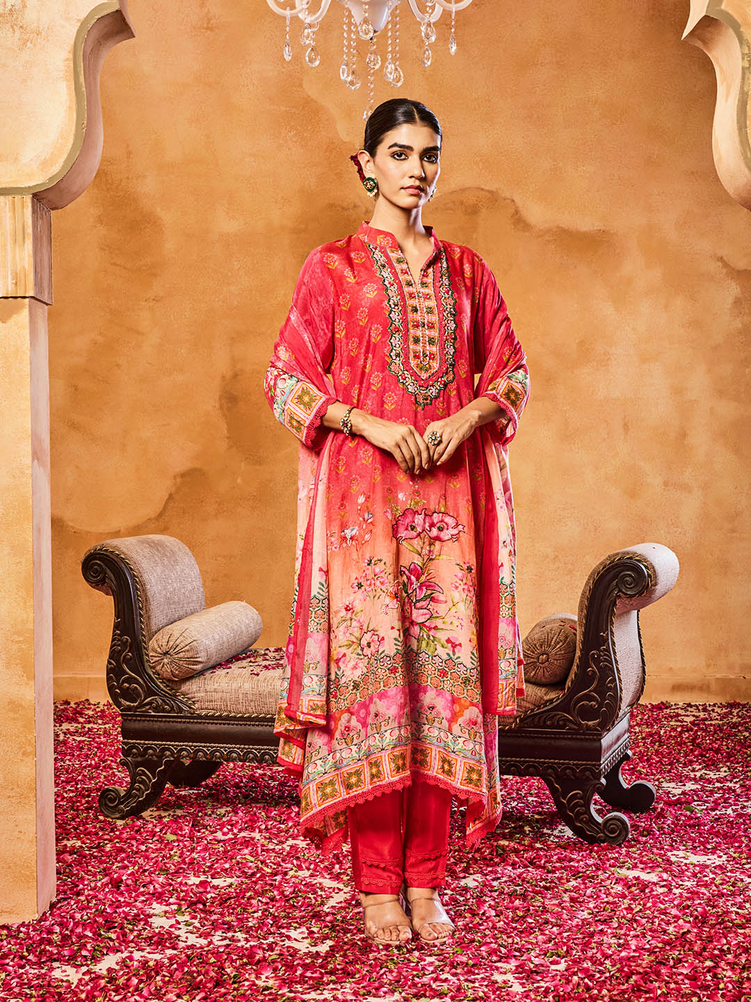 Embroidered Cotton Blend Kurta With Pants &amp; Dupatta