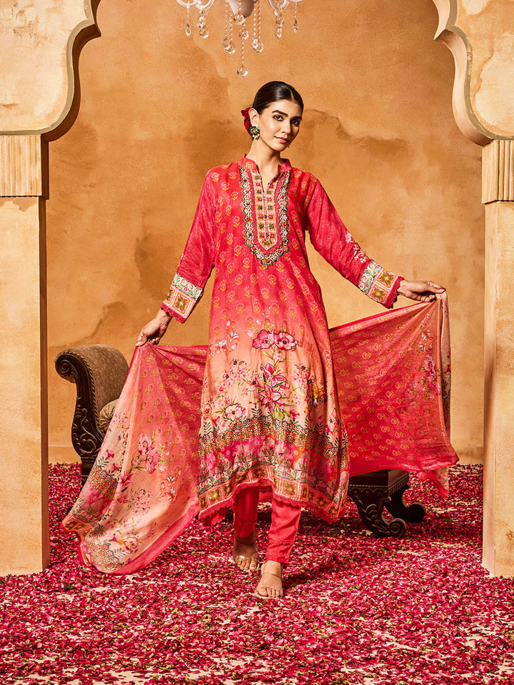 Embroidered Cotton Blend Kurta With Pants &amp; Dupatta
