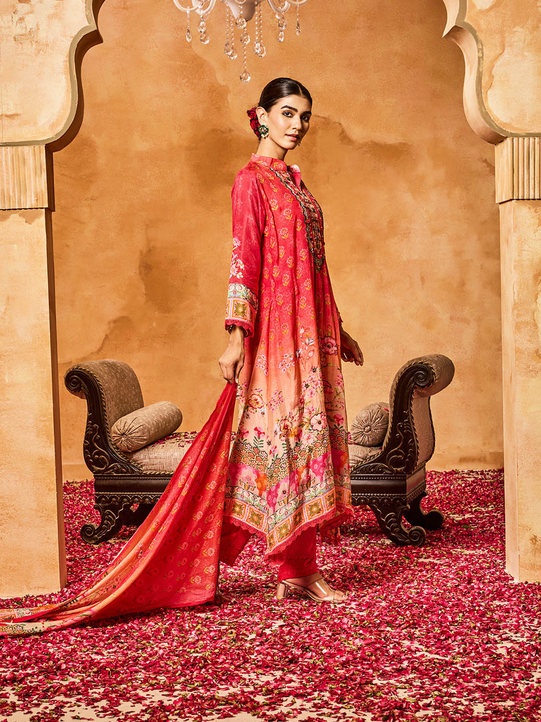 Embroidered Cotton Blend Kurta With Pants &amp; Dupatta